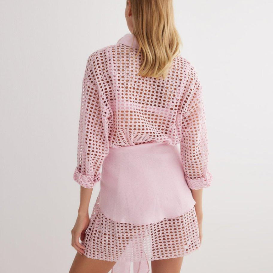 Jesabel Pink Eyelet Shirt Dress with Tie-Front Detail | Moeva | Dress | Each week unveils new pieces—luxury swimwear, fluid resort silhouettes, and elevated summer-to-evening essentials designed to carry you from coastal escapes to city nights.