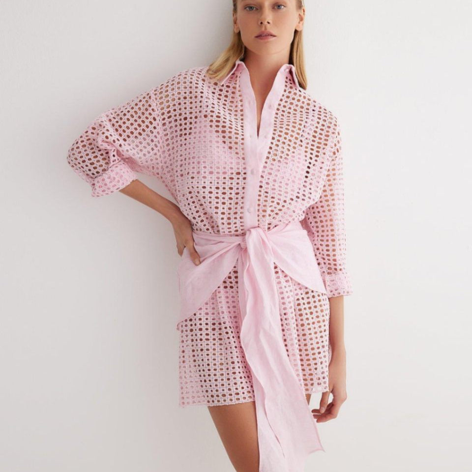 Jesabel Pink Eyelet Shirt Dress with Tie-Front Detail | Moeva | Dress | Each week unveils new pieces—luxury swimwear, fluid resort silhouettes, and elevated summer-to-evening essentials designed to carry you from coastal escapes to city nights.