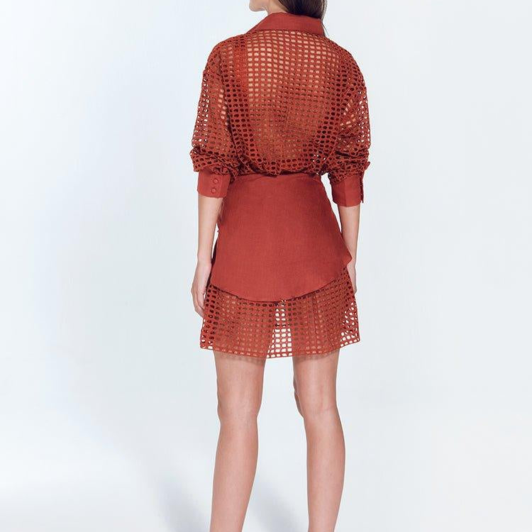 Jesabel Red Ochre Eyelet Shirt Dress with Tie-Front Detail | Moeva | Dress | Each week unveils new pieces—luxury swimwear, fluid resort silhouettes, and elevated summer-to-evening essentials designed to carry you from coastal escapes to city nights.