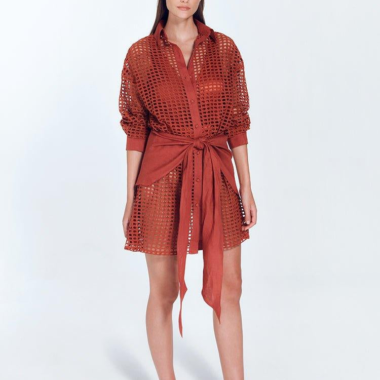 Jesabel Red Ochre Eyelet Shirt Dress with Tie-Front Detail | Moeva | Dress | Each week unveils new pieces—luxury swimwear, fluid resort silhouettes, and elevated summer-to-evening essentials designed to carry you from coastal escapes to city nights.
