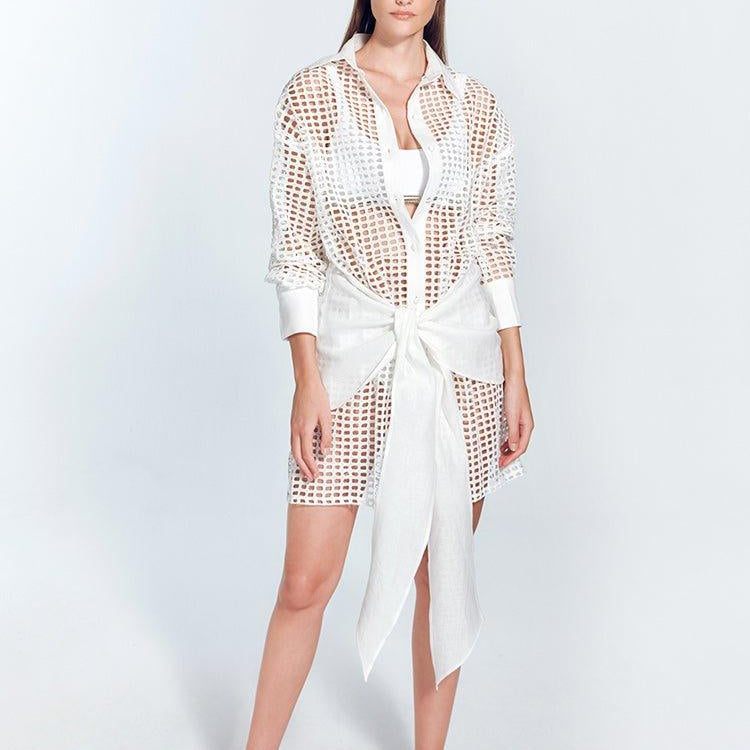 Jesabel White Eyelet Shirt Dress with Tie-Front Detail | Moeva | Dress | Each week unveils new pieces—luxury swimwear, fluid resort silhouettes, and elevated summer-to-evening essentials designed to carry you from coastal escapes to city nights.