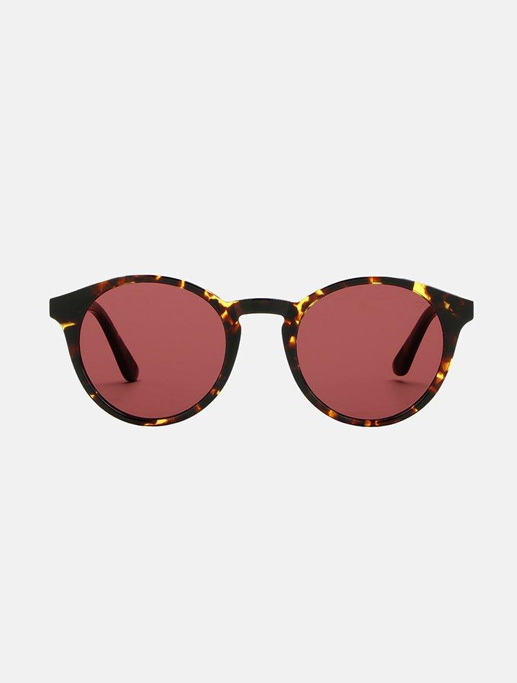 Front View: Jinx Burgundy Sunglasses - MOEVA Luxury Swimwear, Ultralight Round Shaped, Tortoiseshell Acetate, Tinted Lenses, 100% UV protection, Made in Italy, Stainless Steel, Acetate, MOEVA Luxury Swimwear 