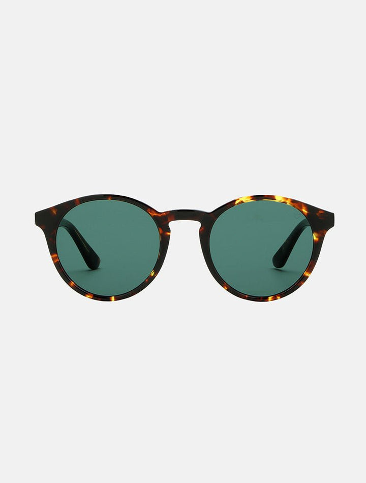 Front View: Jinx Green Sunglasses - MOEVA Luxury Swimwear, Ultralight Round Shaped, Tortoiseshell Acetate, Tinted Lenses, 100% UV protection, Made in Italy, Stainless Steel, Acetate, MOEVA Luxury Swimwear 