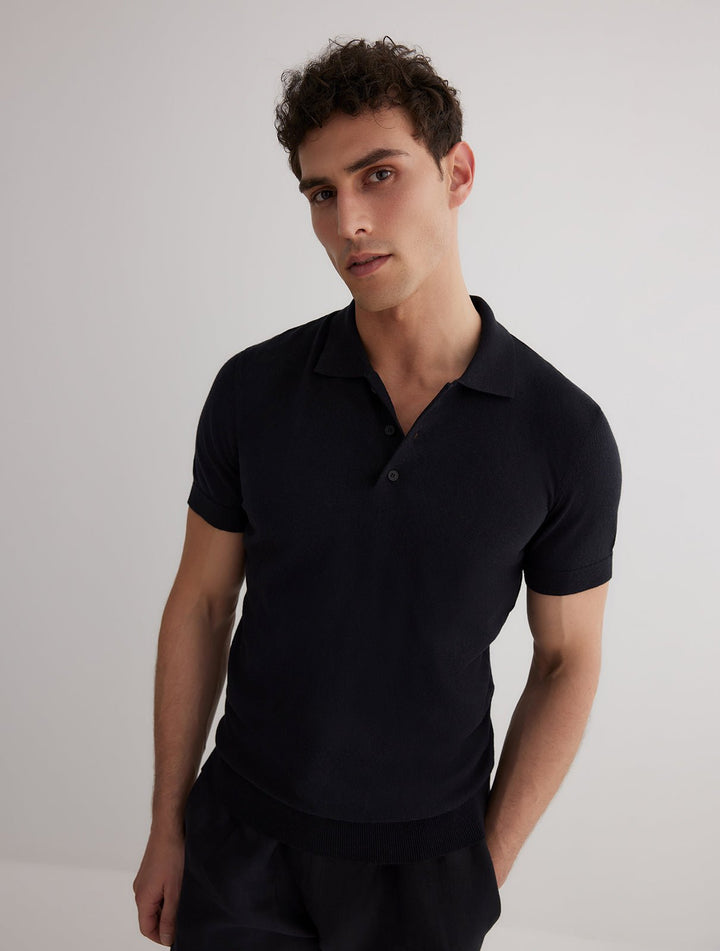 Johan Black Knitted Polo Shirt With Buttons -Men Polo Shirts Moeva