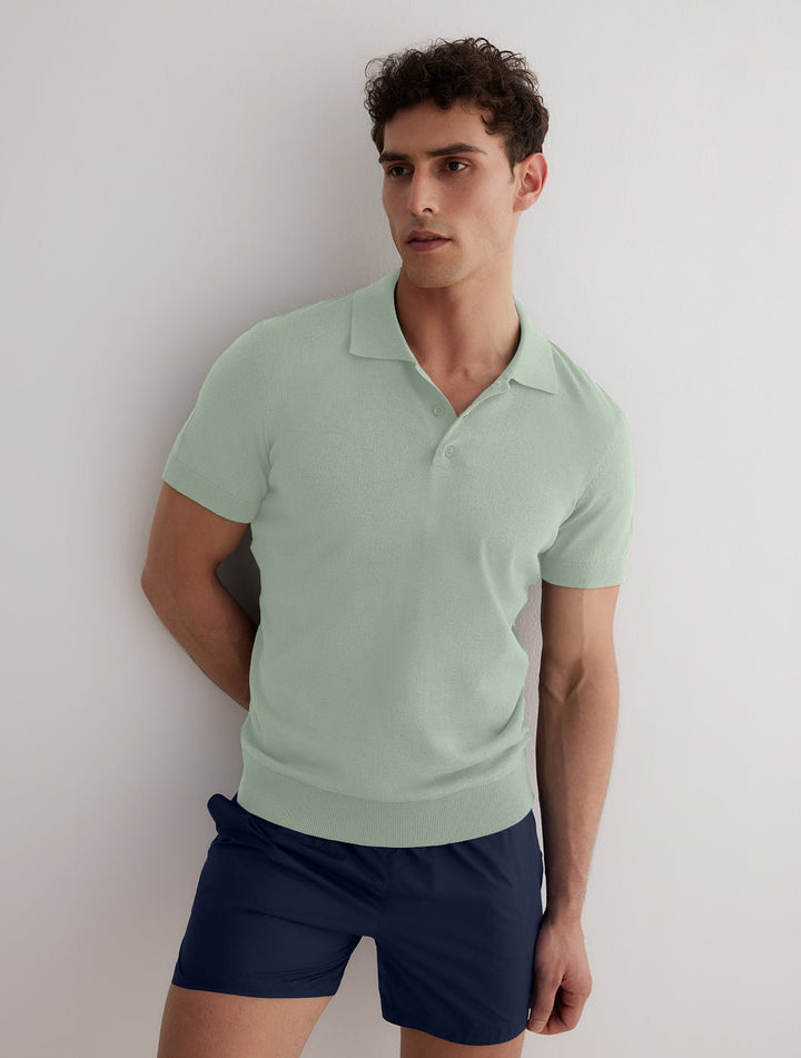 Front View: Model in Johan Green Polo Shirt - MOEVA Luxury Swimwear, Open Collar, Polo Shirt, Short-Sleeved, Cashmere & Cotton-Blend, Slim Fit, MOEVA Luxury Swimwear