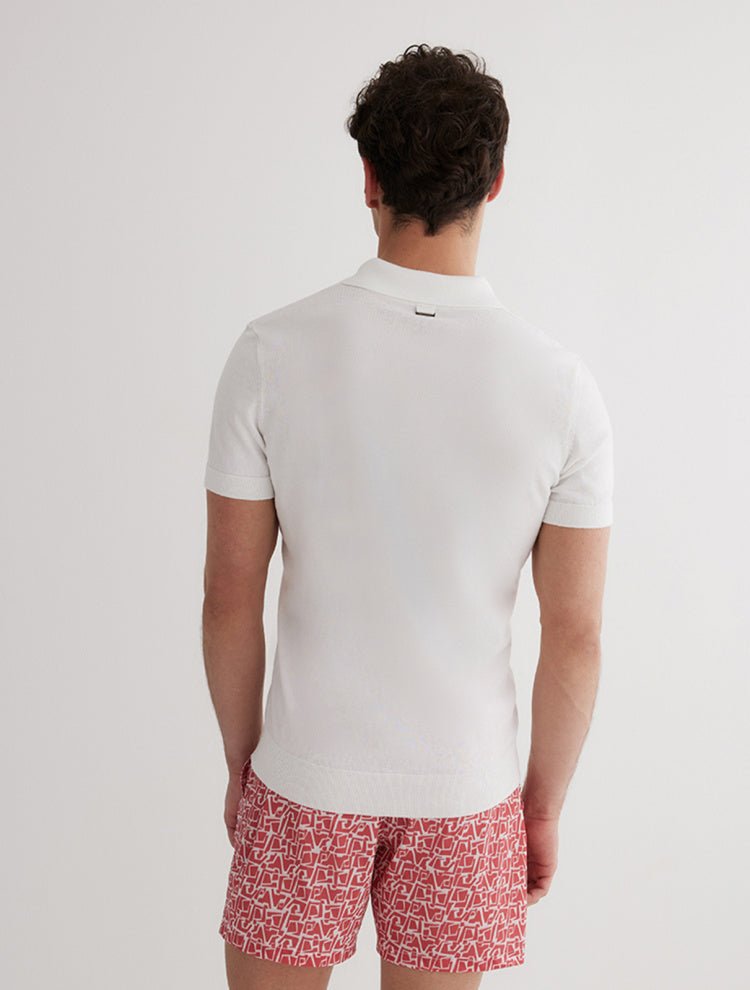 Back View: Model in Johan White Polo Shirt - MOEVA Luxury Swimwear, Ready to Wear, Polo Shirt, Unlined, Slim Fit, MOEVA Luxury Swimwear 