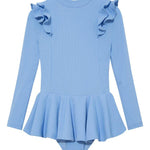 Child wearing the Jojo Baby Blue Swimsuit from the front, showcasing the long sleeves and playful ruffle detailing.