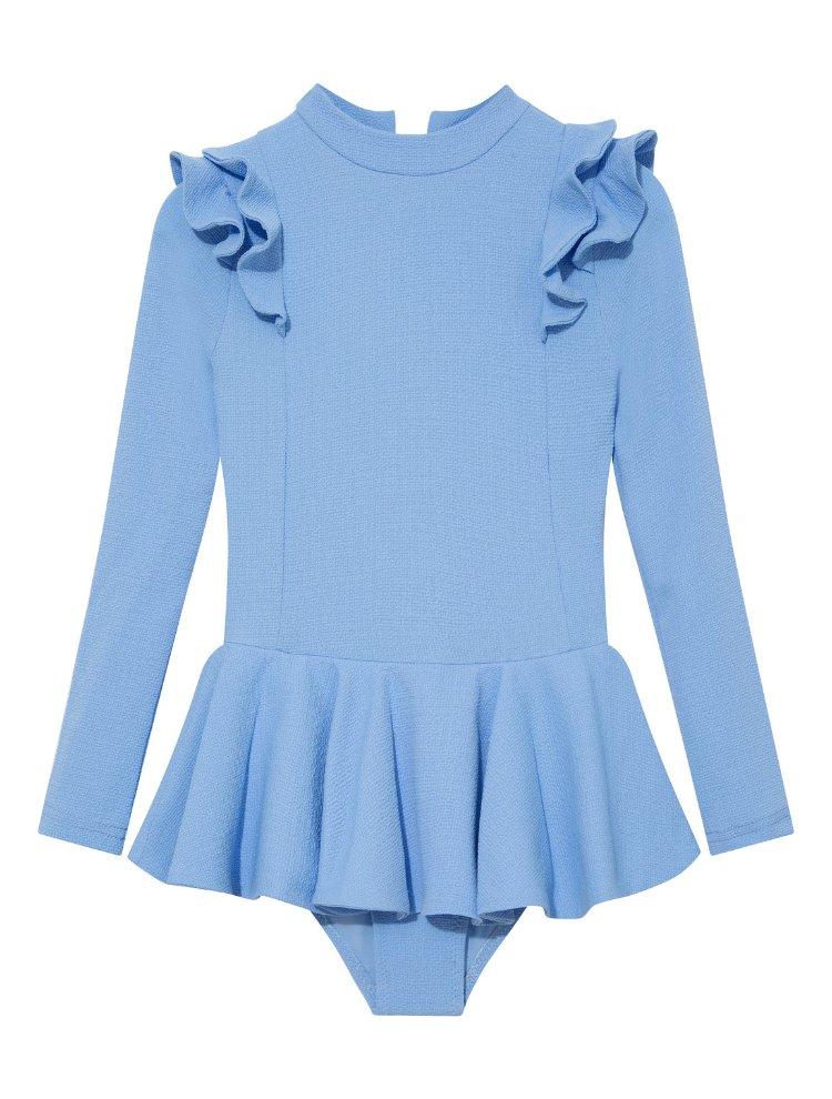 Child wearing the Jojo Baby Blue Swimsuit from the front, showcasing the long sleeves and playful ruffle detailing.