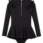 Back view of the Jojo Black Swimsuit, emphasizing the coverage and ruffle detailing.