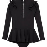 Back view of the Jojo Black Swimsuit, emphasizing the coverage and ruffle detailing.