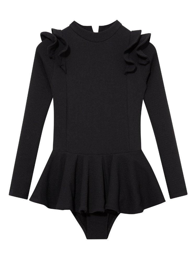 Child wearing the Jojo Black Swimsuit from the front, showcasing the long sleeves and ruffle detailing.