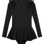 Child wearing the Jojo Black Swimsuit from the front, showcasing the long sleeves and ruffle detailing.
