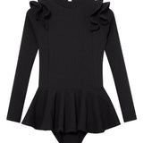 Child wearing the Jojo Black Swimsuit from the front, showcasing the long sleeves and ruffle detailing.