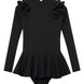 Child wearing the Jojo Black Swimsuit from the front, showcasing the long sleeves and ruffle detailing.