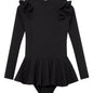 Child wearing the Jojo Black Swimsuit from the front, showcasing the long sleeves and ruffle detailing.