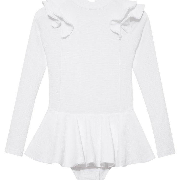 Jojo White Textured Ruffle Skirt Swimsuit | Moeva | Swimsuit | Each week unveils new pieces—luxury swimwear, fluid resort silhouettes, and elevated summer-to-evening essentials designed to carry you from coastal escapes to city nights.