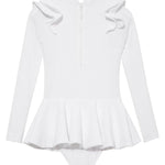 Back view of the Jojo White Swimsuit, emphasizing the coverage and ruffle detailing.