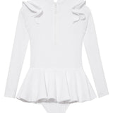 Back view of the Jojo White Swimsuit, emphasizing the coverage and ruffle detailing.