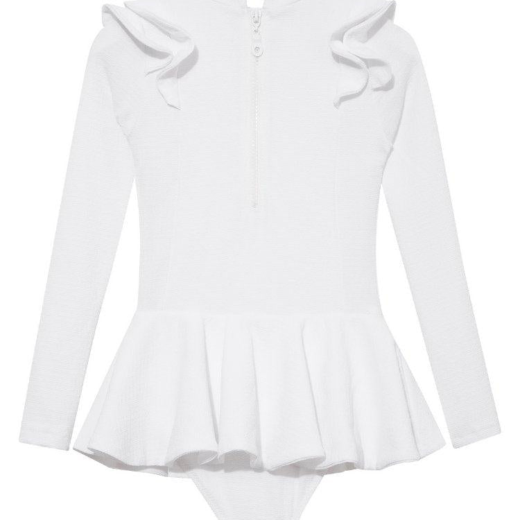 Jojo White Textured Ruffle Skirt Swimsuit | Moeva | Swimsuit | Each week unveils new pieces—luxury swimwear, fluid resort silhouettes, and elevated summer-to-evening essentials designed to carry you from coastal escapes to city nights.