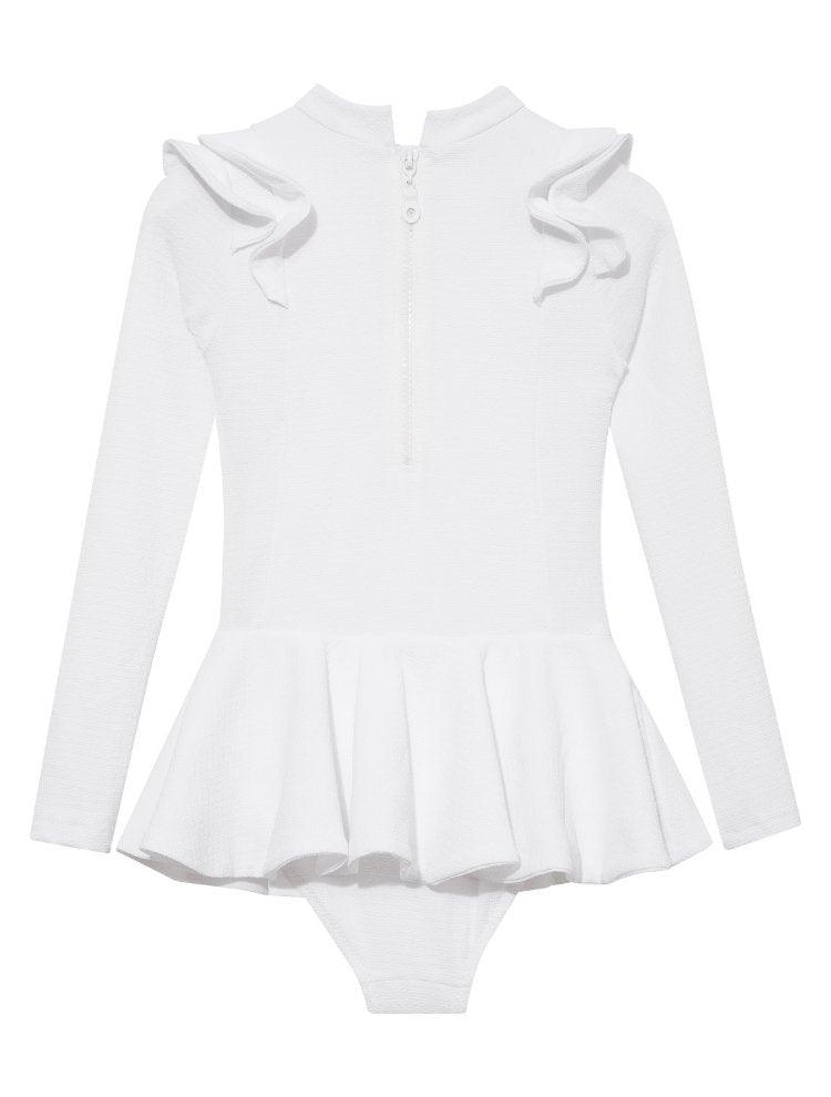 Jojo White Textured Ruffle Skirt Swimsuit | Moeva | Swimsuit | Each week unveils new pieces—luxury swimwear, fluid resort silhouettes, and elevated summer-to-evening essentials designed to carry you from coastal escapes to city nights.