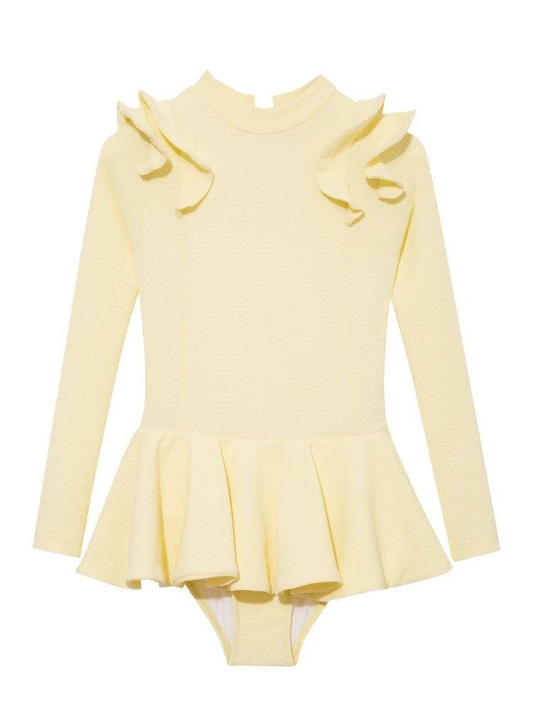 Child wearing the Jojo Yellow Swimsuit from the front, showcasing the long sleeves and ruffle detailing.