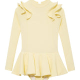 Child wearing the Jojo Yellow Swimsuit from the front, showcasing the long sleeves and ruffle detailing.