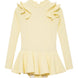 Child wearing the Jojo Yellow Swimsuit from the front, showcasing the long sleeves and ruffle detailing.