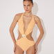 Front View: Jolanda Orange Monokini on Model - Tie Neck Swimsuit, Moderate Bottom Coverage, Italian Fabric, Crushed Round Gold Accessory, MOEVA Luxury Swimwear