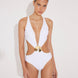Front View: Jolanda White Monokini on Model - Tie Neck Swimsuit, Moderate Bottom Coverage, Italian Fabric, Crushed Round Gold Accessory, MOEVA Luxury Swimwear