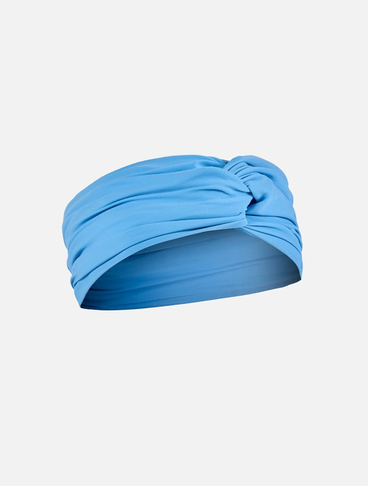 Front View: Josie Blue Headband - Swimwear Fabric, Matching Collection Look, Stylish Head Wrap, Fast Dry, 80% Polyamide 20% Elastane, MOEVA Luxury Swimwear 