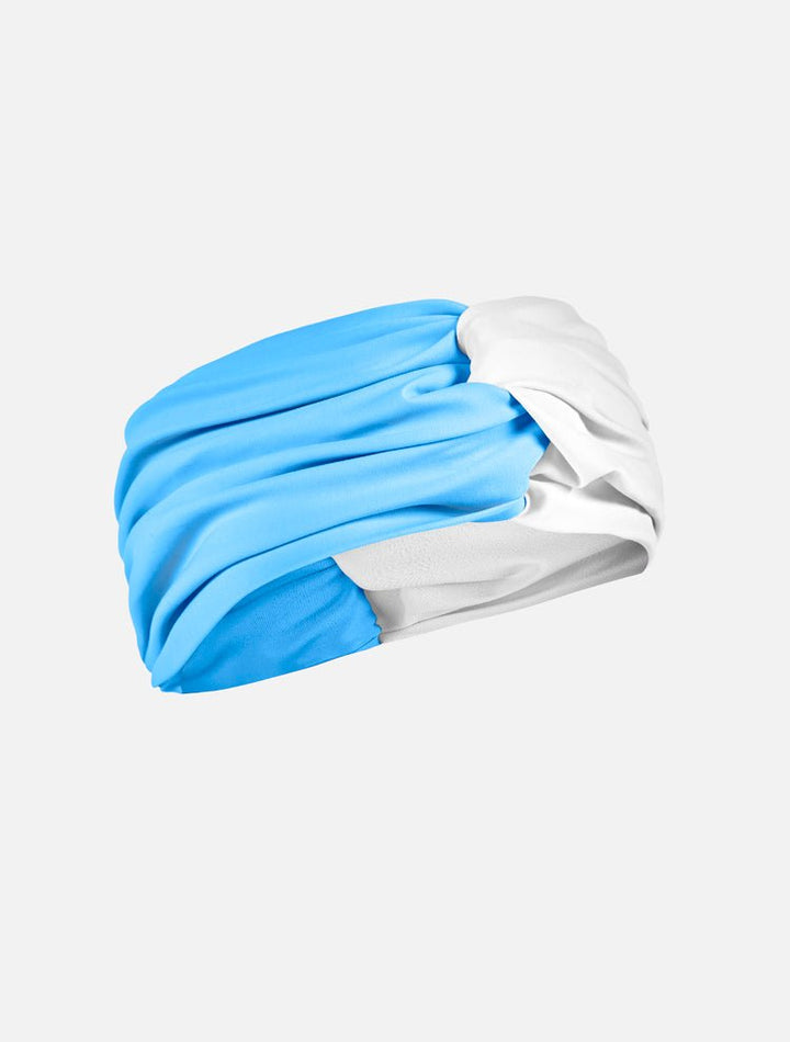 Front View: Josie Blue/White Headband - Swimwear Fabric, Matching Collection Look, Stylish Head Wrap, Fast Dry, 80% Polyamide 20% Elastane, MOEVA Luxury Swimwear 