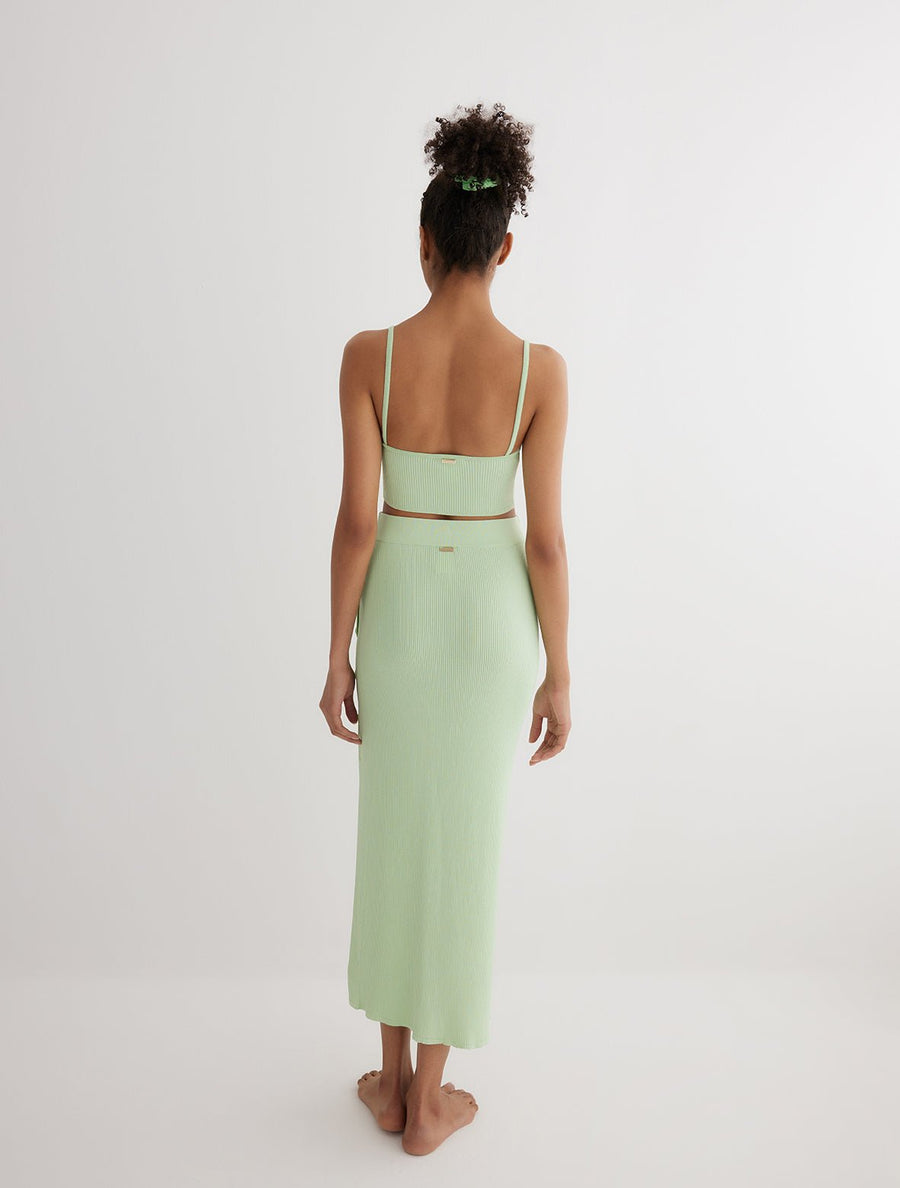 Back View: Model in Jules Mint Green Skirt - MOEVA Luxury Swimwear, Ready to Wear, Unlined, Comfort, Knitted, Maxi Skirt, MOEVA Luxury Swimwear