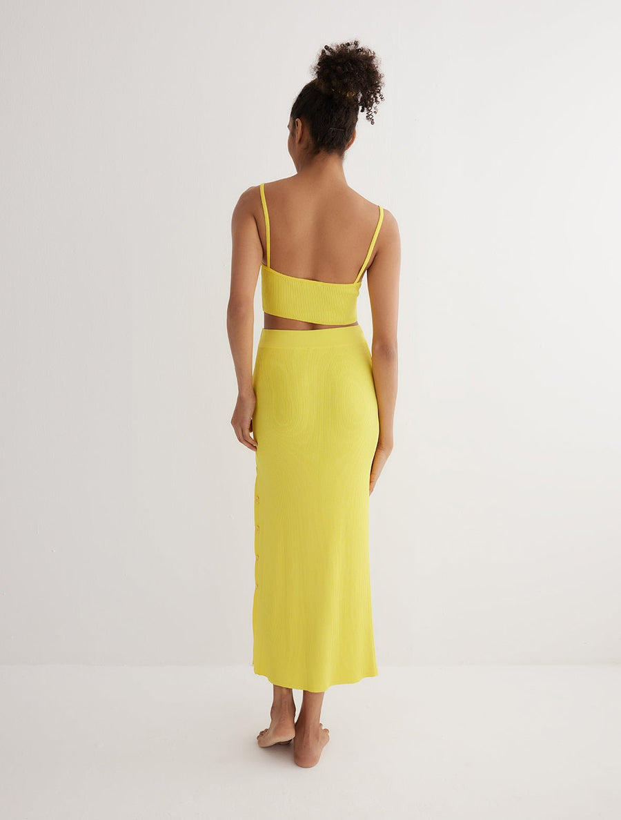 Back View: Model in Jules Yellow Skirt - MOEVA Luxury Swimwear, Ready to Wear, Unlined, Comfort, Knitted, Maxi Skirt, MOEVA Luxury Swimwear