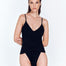 "Front view of the Kai Shiny Black Swimsuit showing underwired top with tie-front detail and high-cut leg."