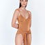 "Kai Shiny Orange Swimsuit showcasing a high-cut leg, underwired top for enhanced cleavage, and tie-front detail. Adjustable straps with gold clasps add a stylish touch."