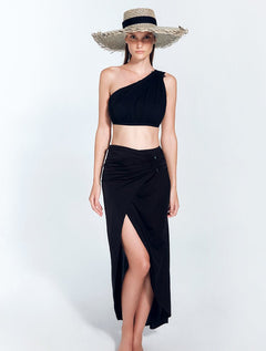 Front View: Model in Kalea Black Skirt - Wrapped Skirt, Slip at Front, Maxi Skirt, Unlined, Comfort, Soft Touch Fabric, MOEVA Luxury Swimwear  