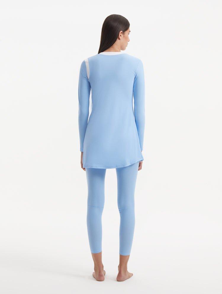 Back view of the Kamaria Baby Blue Burkini, demonstrating the full coverage and sleek design.