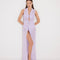 "Front view of a model in the Kariba Lilac Kaftan, displaying the ribbed collar and layered neckline."