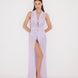 "Front view of a model in the Kariba Lilac Kaftan, displaying the ribbed collar and layered neckline."
