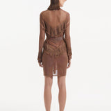 "Back view of the Kenga Brown Kaftan, emphasizing the knee-length design and the flowing fringe details."