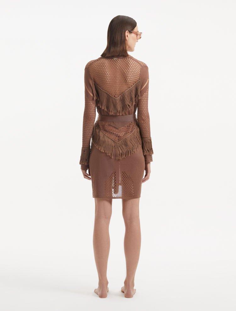 "Back view of the Kenga Brown Kaftan, emphasizing the knee-length design and the flowing fringe details."