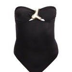  Decoupage image of the Kenna Black Swimsuit, illustrating its minimalist design, gold accents, and high-quality Italian fabric.