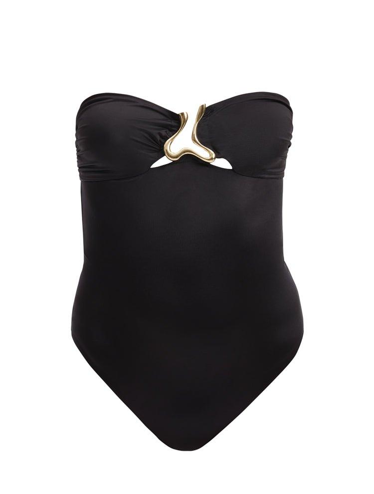  Decoupage image of the Kenna Black Swimsuit, illustrating its minimalist design, gold accents, and high-quality Italian fabric.