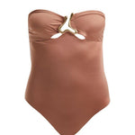 Decoupage image of the Kenna Brown Strapless Swimsuit, illustrating its sophisticated strapless design, gold accents, and high-quality Italian fabric.