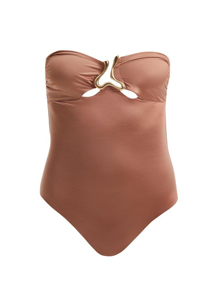 Decoupage image of the Kenna Brown Strapless Swimsuit, illustrating its sophisticated strapless design, gold accents, and high-quality Italian fabric.