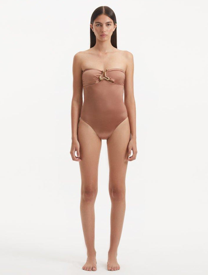 Kenna Brown Bandeau Satin Swimsuit | Moeva | Swimsuit | Each week unveils new pieces—luxury swimwear, fluid resort silhouettes, and elevated summer-to-evening essentials designed to carry you from coastal escapes to city nights.
