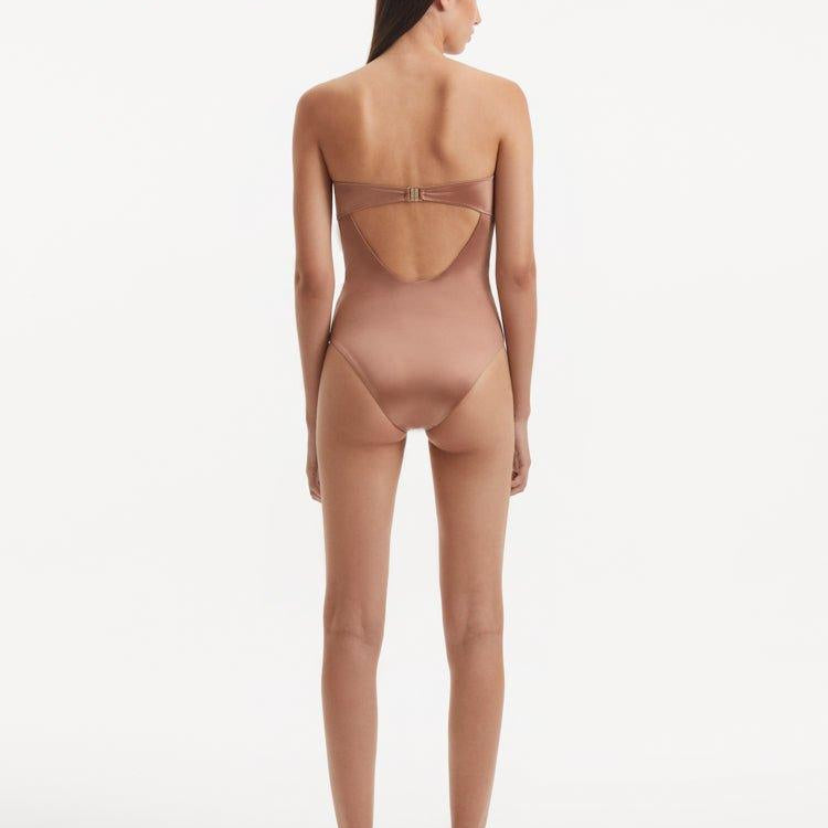 Kenna Brown Bandeau Satin Swimsuit | Moeva | Swimsuit | Each week unveils new pieces—luxury swimwear, fluid resort silhouettes, and elevated summer-to-evening essentials designed to carry you from coastal escapes to city nights.
