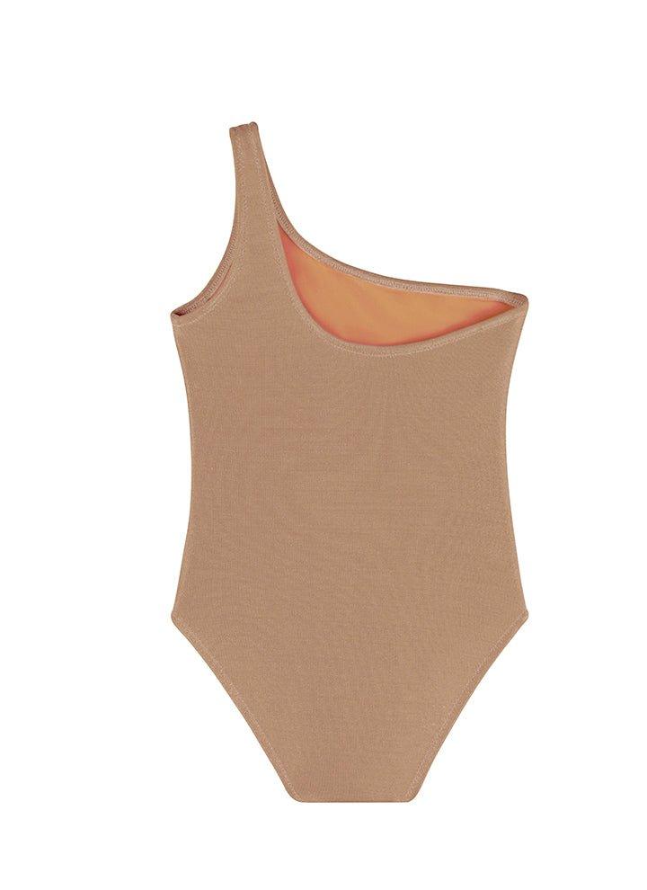 Back View of Kitty Bronze Kids Swimsuit - MOEVA Luxury  Swimwear, Metallic Fabric, Fully Lined Kids Swimsuit, MOEVA Luxury  Swimwear 