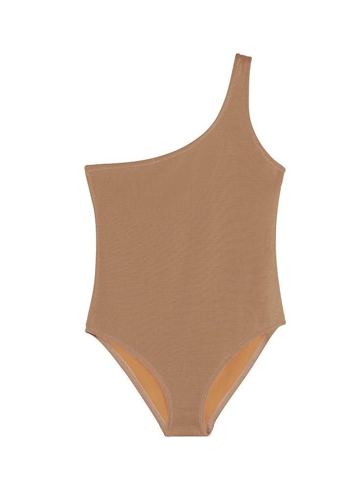 Front View of Kitty Bronze Kids Swimsuit - MOEVA Luxury Swimwear, One Piece, One Shoulder Kids Swimsuit, MOEVA Luxury  Swimwear 