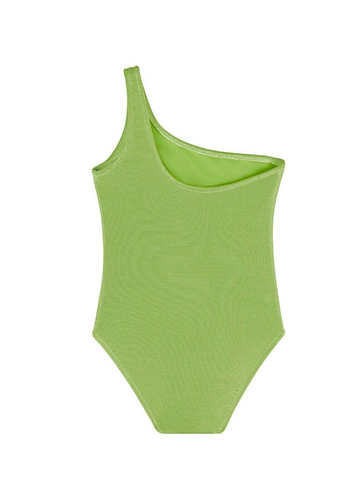 Back View of Kitty Green Kids Swimsuit - MOEVA Luxury  Swimwear, Metallic Fabric, Fully Lined Kids Swimsuit, MOEVA Luxury  Swimwear 